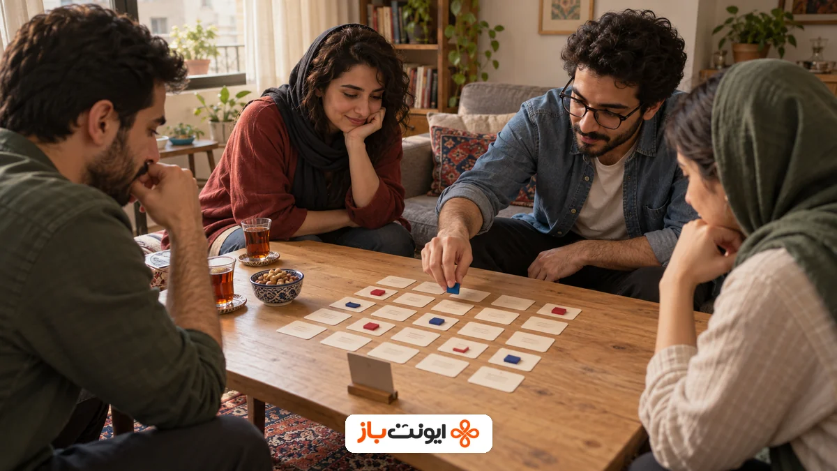 تصویر ساخته‌شده با هوش مصنوعی از چهار دوست ایرانی دور میز بازی کلمه‌ای، با نشان ایونت‌باز؛ بازنمایی یک صحنه فرضی