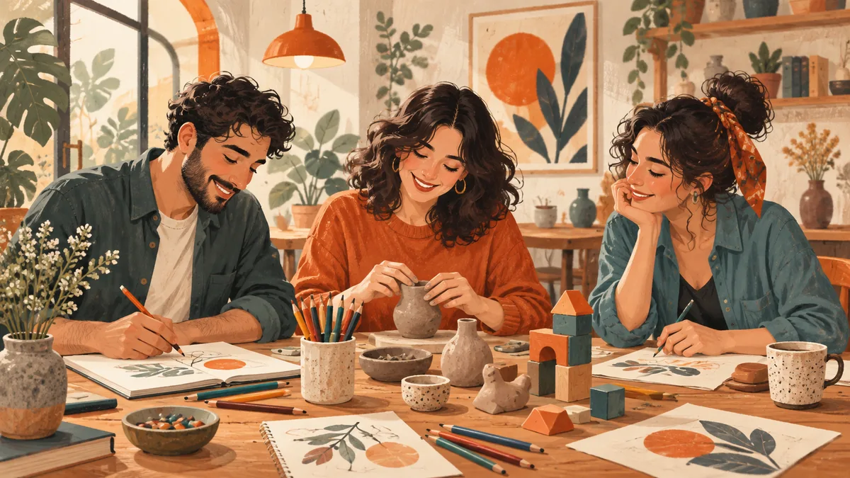 تصویرسازی سه بزرگسال در یک دورهمی هنری، مشغول نقاشی و کاردستی دور میز