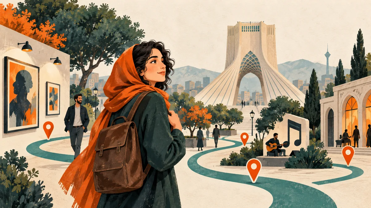 تصویرسازی گردش در تهران با برج آزادی، مسیرهای شهری و نشانه‌های فعالیت فرهنگی