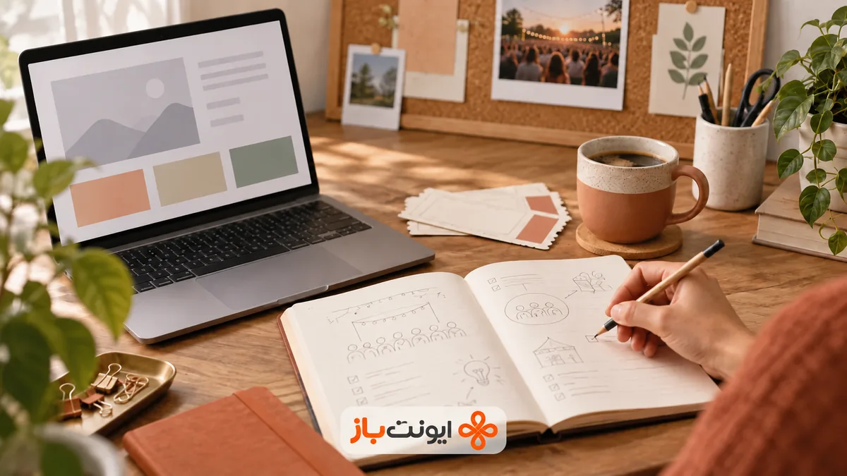 تصویرسازی میز برگزارکننده با دفتر یادداشت، لپ‌تاپ و طرح برنامهٔ رویداد