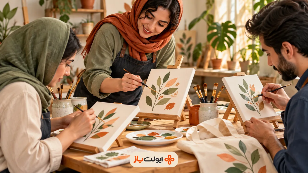 تصویرسازی آموزش نقاشی طرح برگ روی بوم در یک کارگاه کوچک با دو هنرجوی مبتدی؛ با لوگوی ایونت‌باز