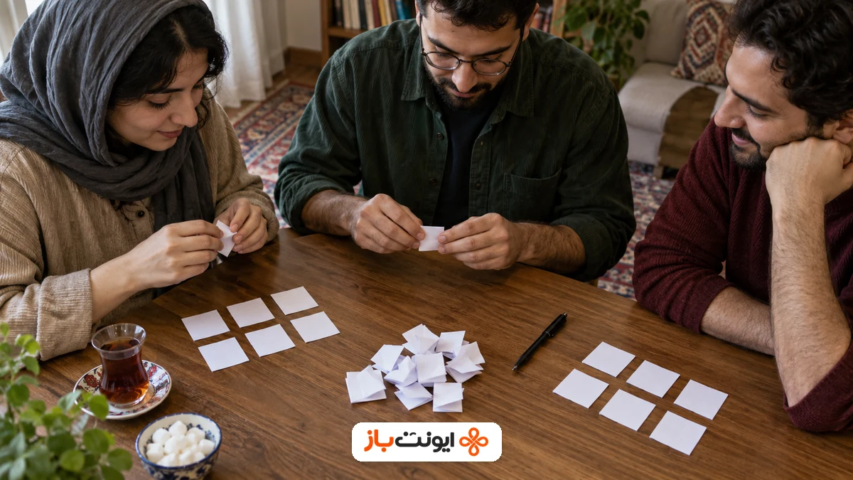 تصویر ساخته‌شده با هوش مصنوعی از کاغذهای هم‌اندازه، خودکار و چای برای آماده‌کردن نسخهٔ خانگی پیشنهادی بازی جاسوس