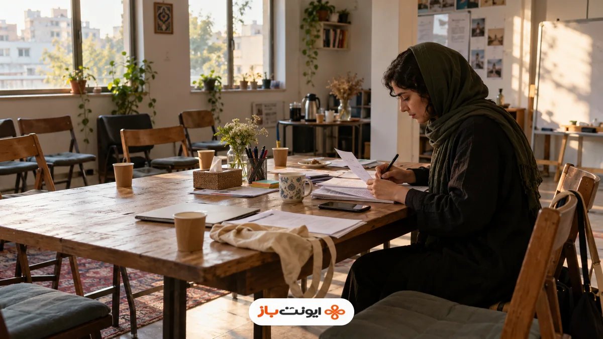 تصویر واقع‌گرایانهٔ تولیدشده با هوش مصنوعی از برگزارکننده‌ای که پس از پایان کارگاه، حضور و نکته‌های برنامه را ثبت می‌کند.