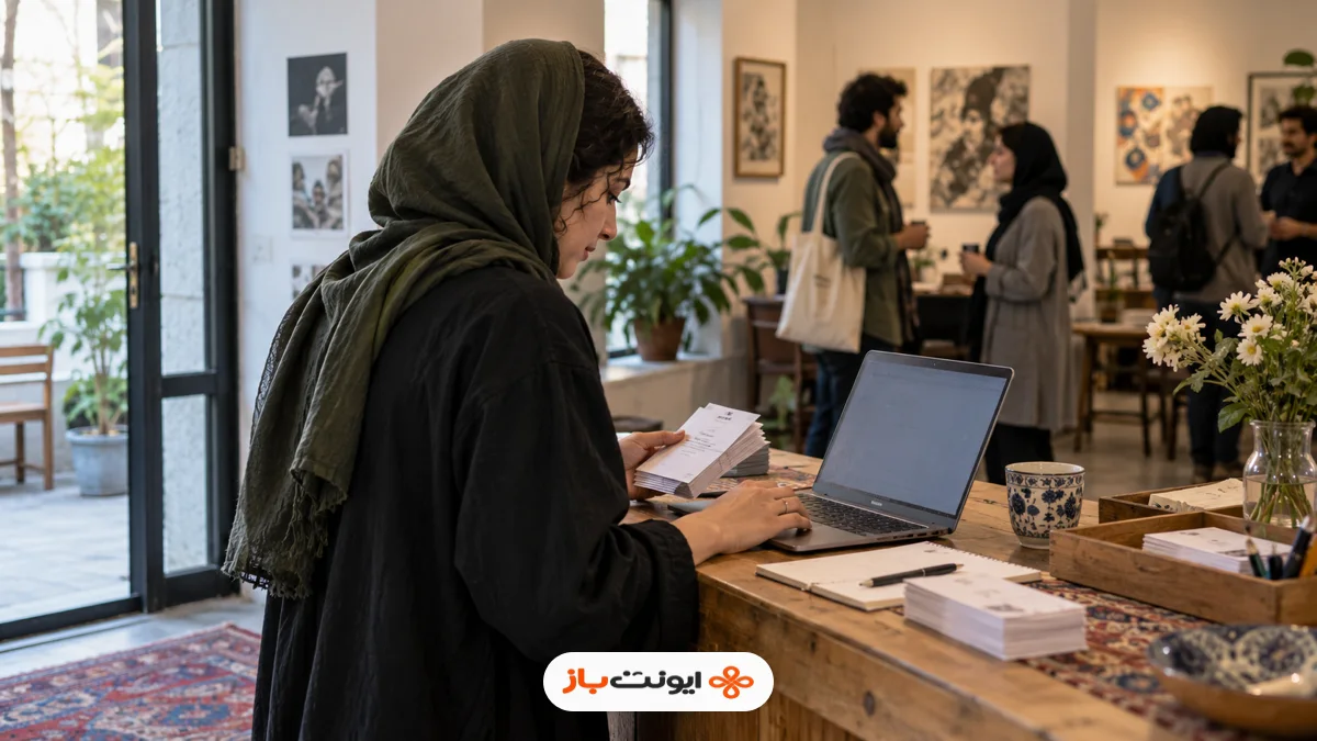 تصویر واقع‌گرایانهٔ تولیدشده با هوش مصنوعی از برگزارکننده‌ای که پیش از یک کارگاه، فهرست ثبت‌نام را در لپ‌تاپ مرور می‌کند.